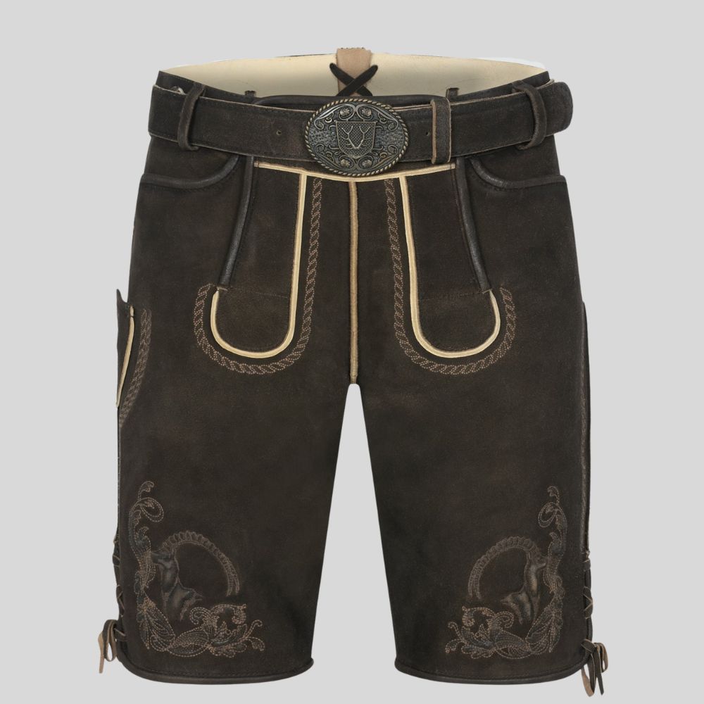 Brown leather shorts with decorative stitching on a light gray background