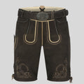 Brown leather shorts with decorative stitching on a light gray background