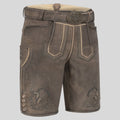 Brown leather shorts with decorative elements on a light gray background