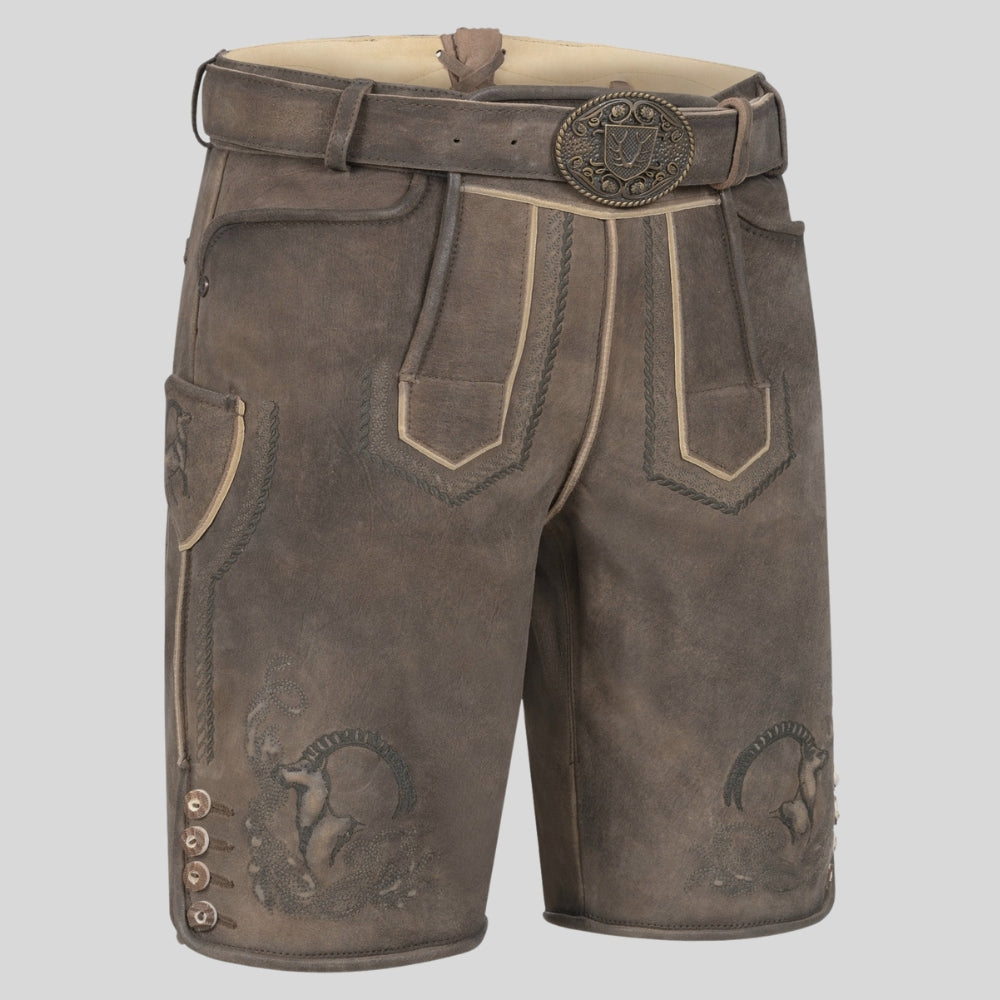 Brown leather shorts with decorative elements on a light gray background