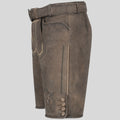 Brown leather shorts with decorative elements on a light gray background