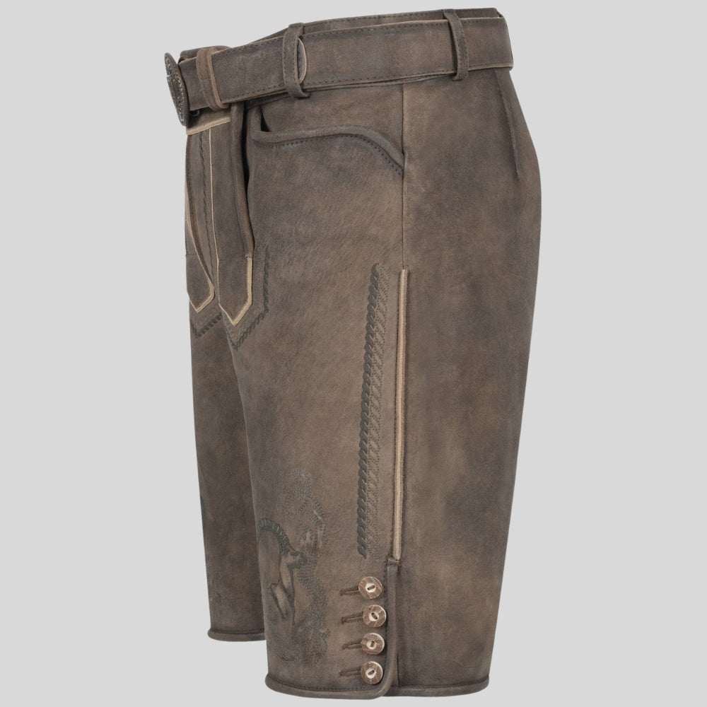 Brown leather shorts with decorative elements on a light gray background