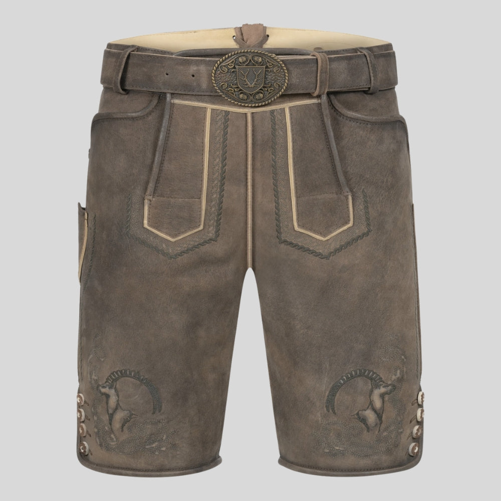 Brown leather shorts with decorative stitching and belt on a light gray background