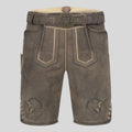 Brown leather shorts with decorative stitching and belt on a light gray background