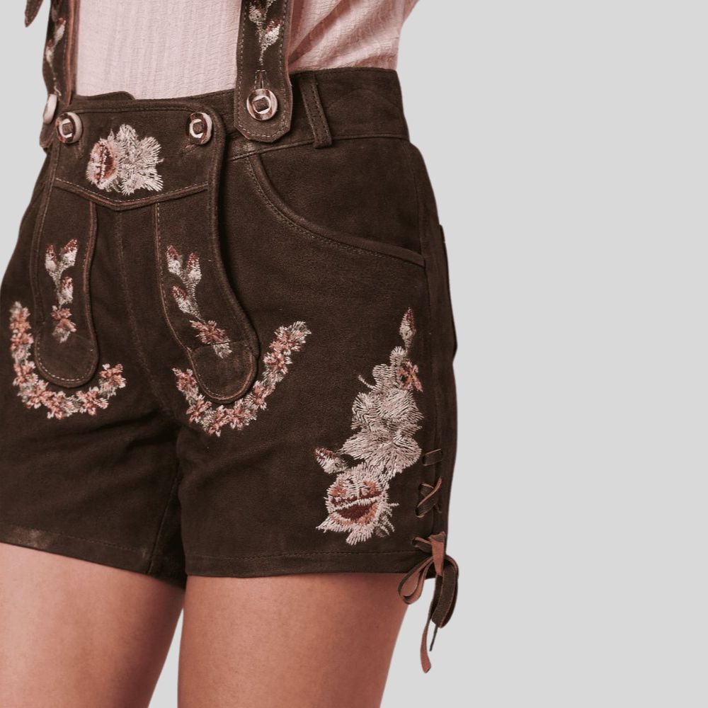 "Women's Premium Lederhosen Shorts in Leather – Designed for Authentic German Celebrations"