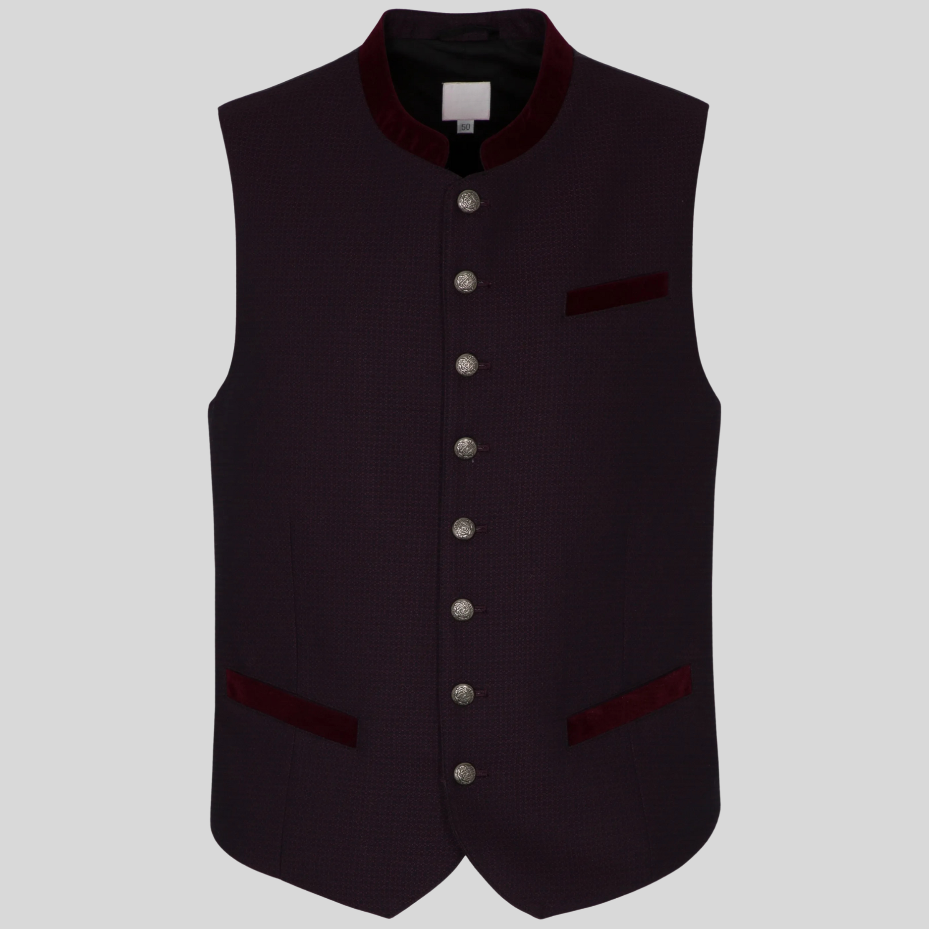 Dark brown vest with buttons on a light gray background